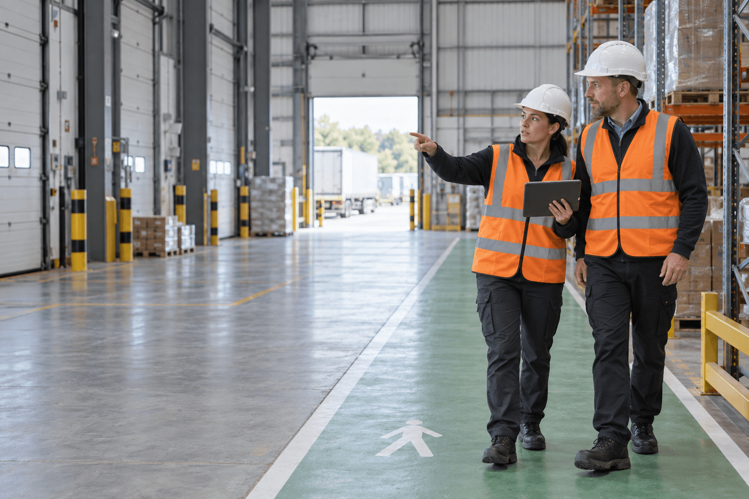 Illustrative safety staff on a warehouse walkway.